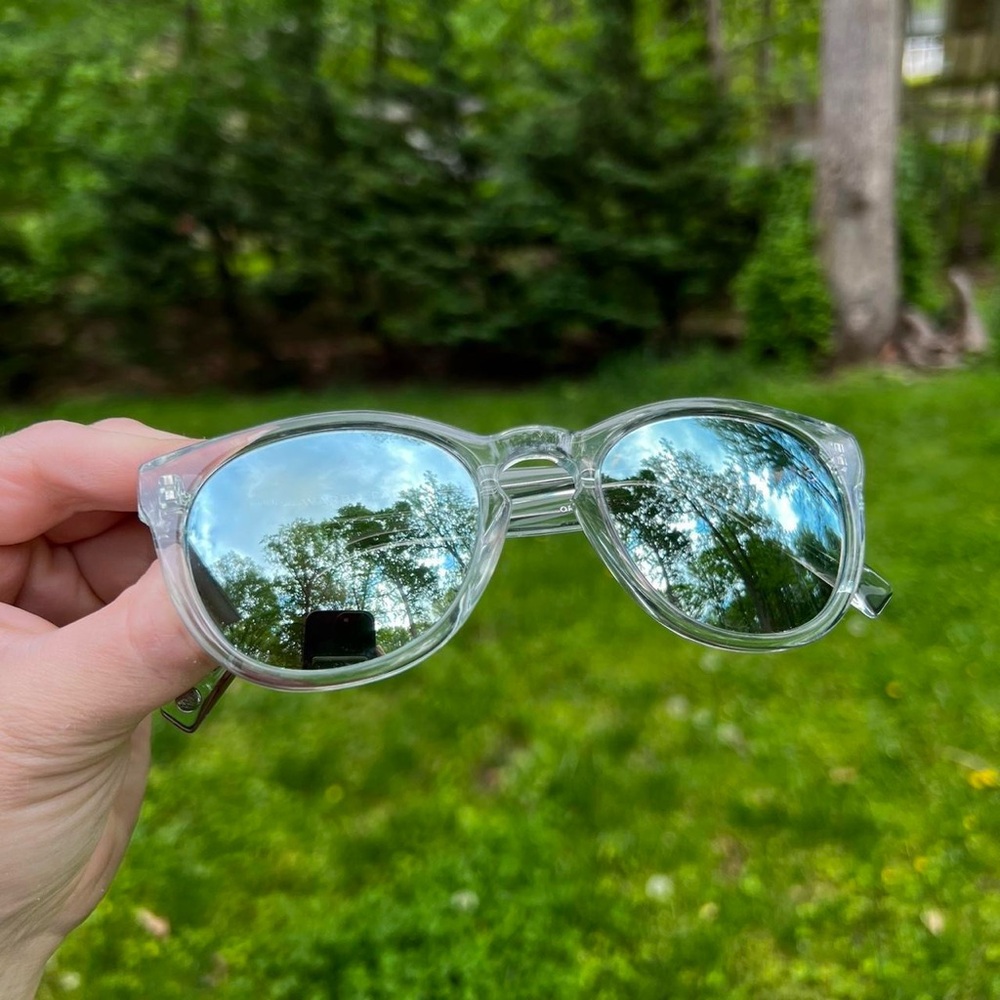 Warby Parker Light Blue Clear Frame Sunglasses with Reflective Blue Lenses